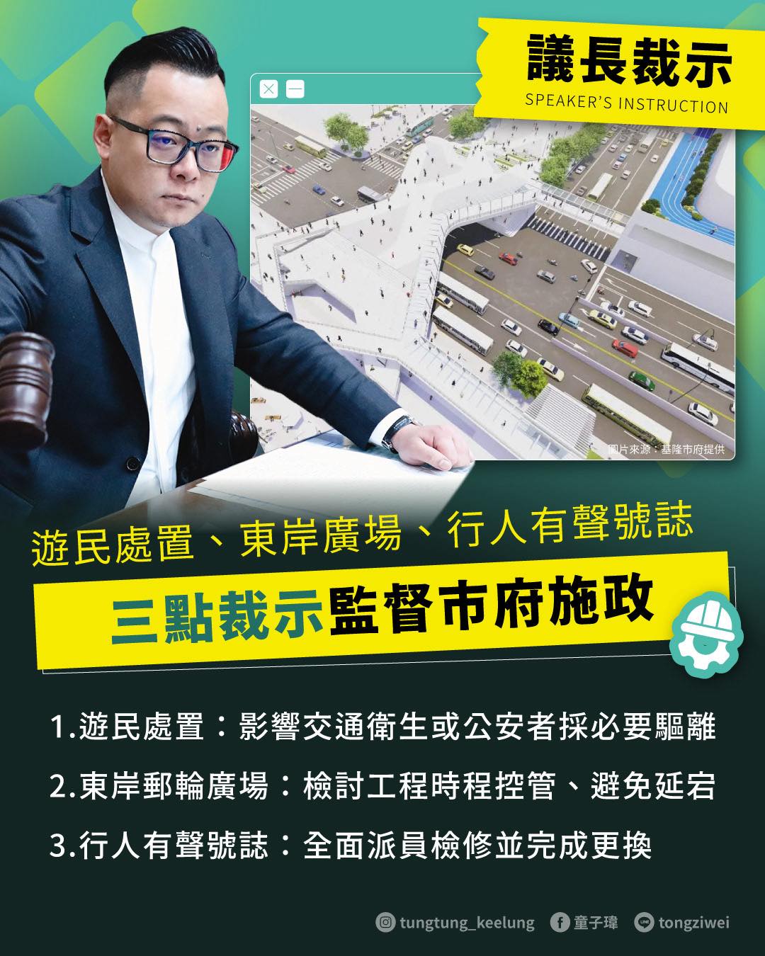 議長裁示 遊民處置、東岸廣場、行人有聲號誌 三點裁示監督市府施政