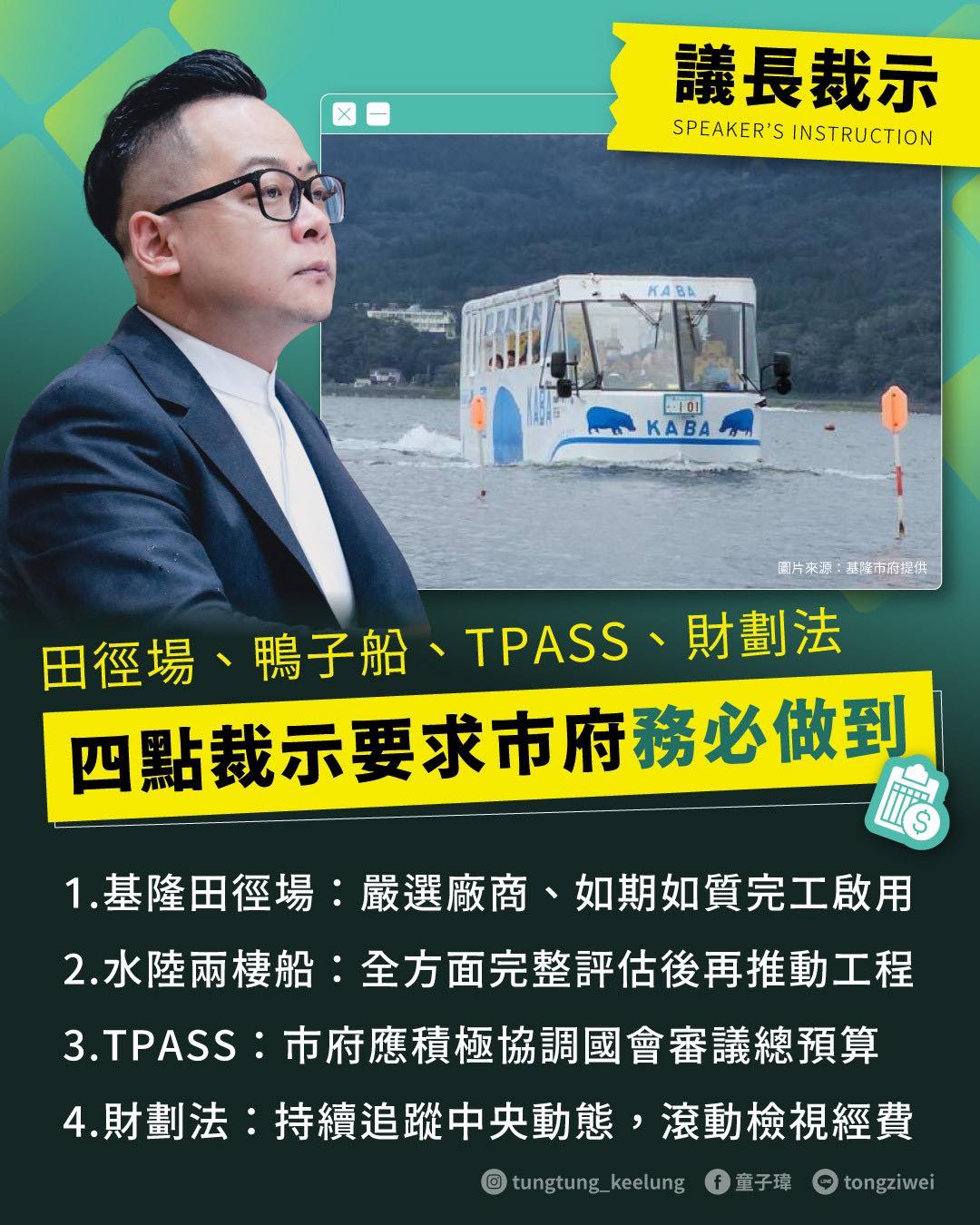 議長裁示 田徑場、鴨子船、TPASS、財劃法 四點裁示要求市府務必做到